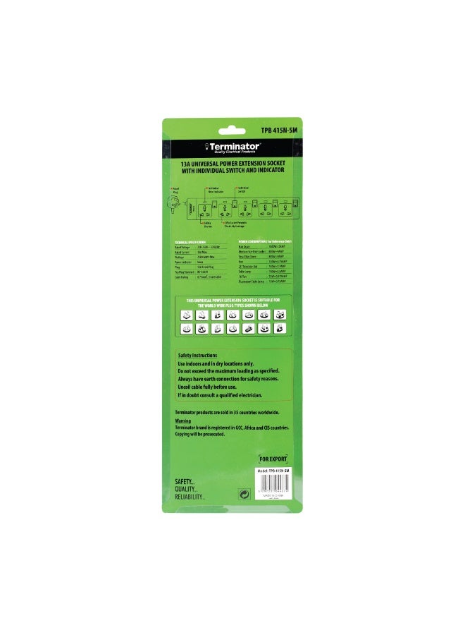 Terminator 5-Way Universal Extension Socket – 5M Cable, Individual Switches, LED Indicators, 13A Fused Plug - Image 3