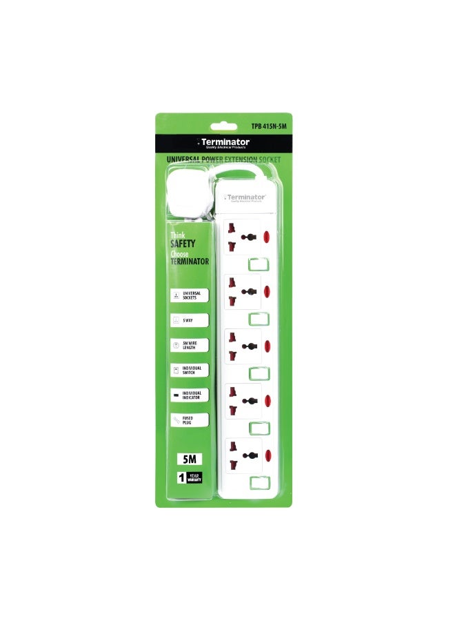 Terminator 5-Way Universal Extension Socket – 5M Cable, Individual Switches, LED Indicators, 13A Fused Plug - Image 2