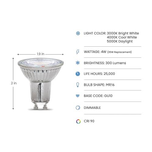 Feit Electric MR16 LED Reflector Light Bulb, 35W Equivalent, Dimmable, GU10 Base, 90+ CRI, 300 Lumen, Adjustable Color Temperature Track Lighting, 25,000-Hour Lifespan, BPMR16GU10353CCTCA/3, 3-Pack - Image 2
