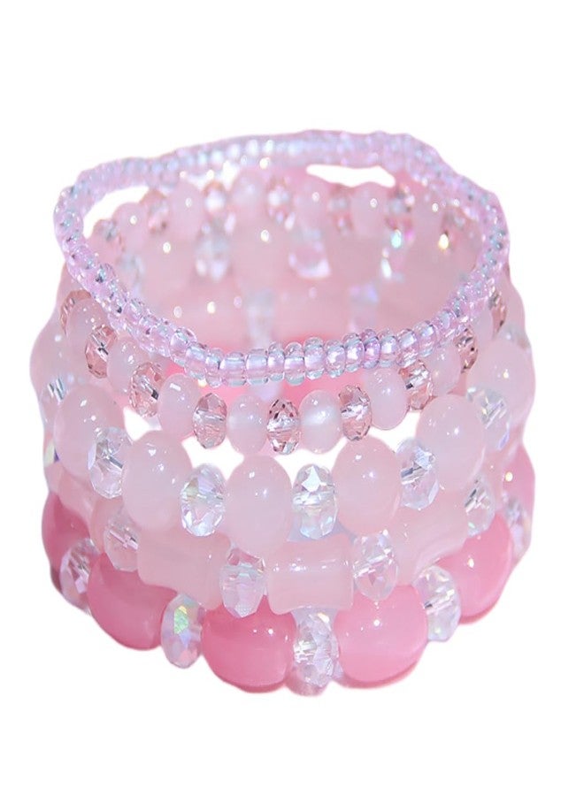 Pingyongchang Stackable Multi Layer Bohemian Crystal Bead Bracelets for Women Handmade Colorful Beads Stretch Multilayer Bangles Friendship Beach Anklets Jewelry String Charm Bracelet 5 Pcs, Pink - Image 1