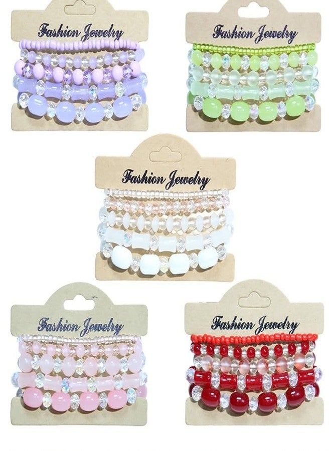 Pingyongchang Stackable Multi Layer Bohemian Crystal Bead Bracelets for Women Handmade Colorful Beads Stretch Multilayer Bangles Friendship Beach Anklets Jewelry String Charm Bracelet 5 Pcs, Pink - Image 4
