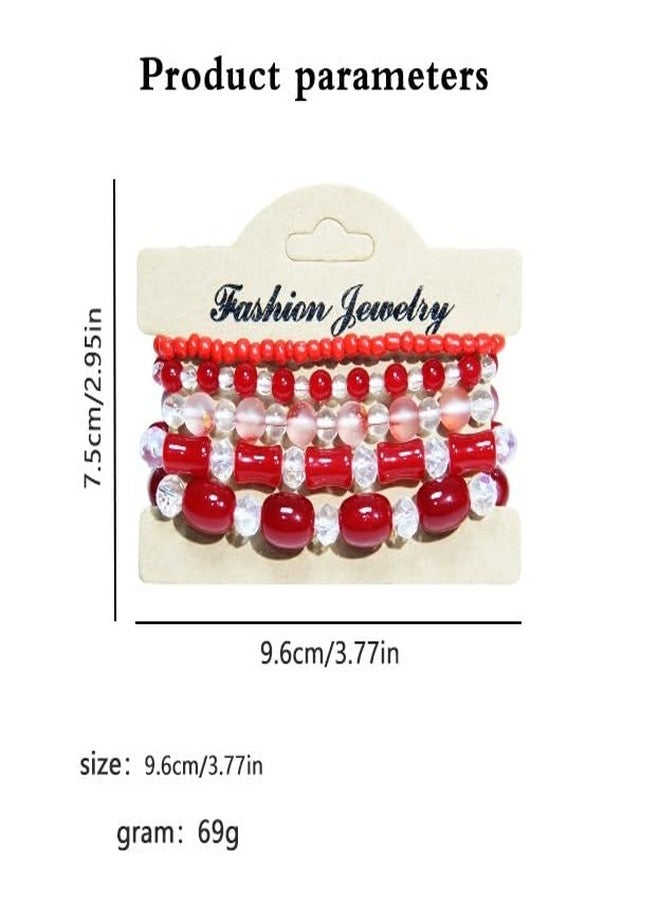 Pingyongchang Stackable Multi Layer Bohemian Crystal Bead Bracelets for Women Handmade Colorful Beads Stretch Multilayer Bangles Friendship Beach Anklets Jewelry String Charm Bracelet 5 Pcs, Pink - Image 5