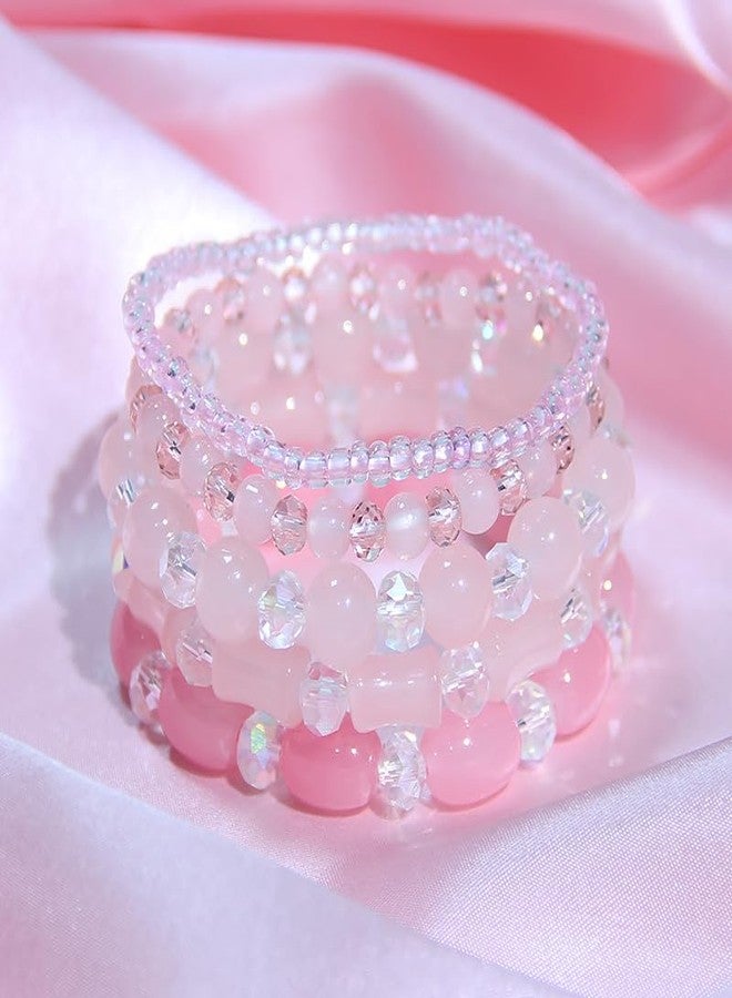 Pingyongchang Stackable Multi Layer Bohemian Crystal Bead Bracelets for Women Handmade Colorful Beads Stretch Multilayer Bangles Friendship Beach Anklets Jewelry String Charm Bracelet 5 Pcs, Pink - Image 2