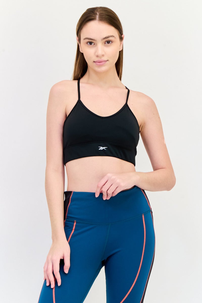 Reebok حمالة صدر رياضية مبطنة بشعار العلامة التجارية للنساء، سوداء - Image 1