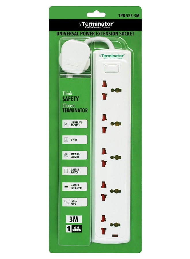 Terminator 5 Way Universal Power Extension Socket With Master Switch, Indicator and 3M Cable 