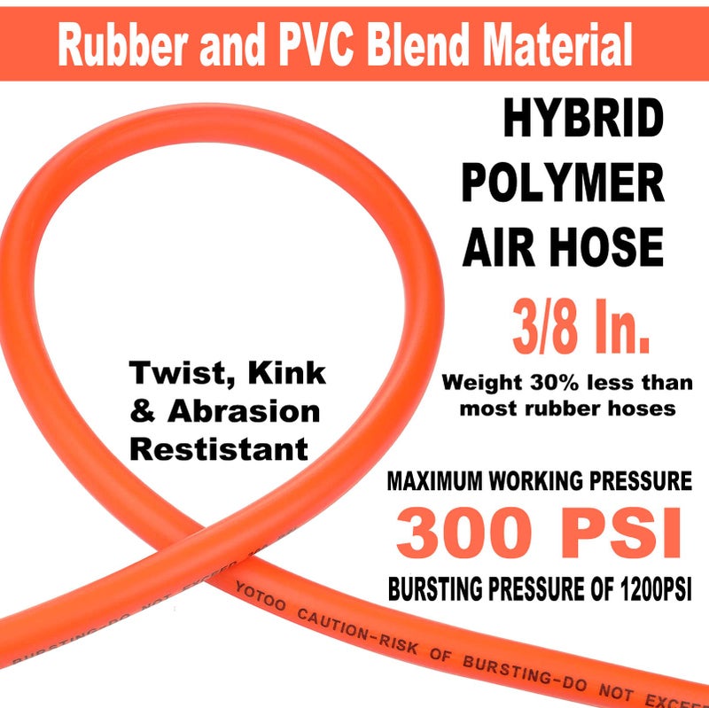 YOTOO Air Hose 3/8 in. x 50 ft, 300 PSI Heavy Duty Hybrid Air Compressor Hose, Lightweight, Kink Resistant, All-Weather Flexibility with 1/4-Inch Industrial Air Fittings and Bend Restrictors, Orange - Image 3