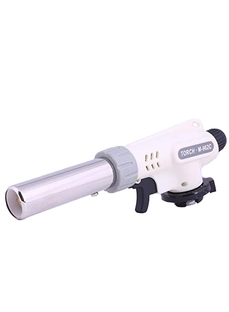 ولاعة مطبخ مع لهب قابل للتعديل ، ودوران 360 درجة، وصمام للتحكم في تدفق الغاز والهواء، وقاعدة تثبيت آمنة. مثالية للكريم بروليه، والشواء، والخبز، والحرف اليدوية - بيضاء. - Image 1