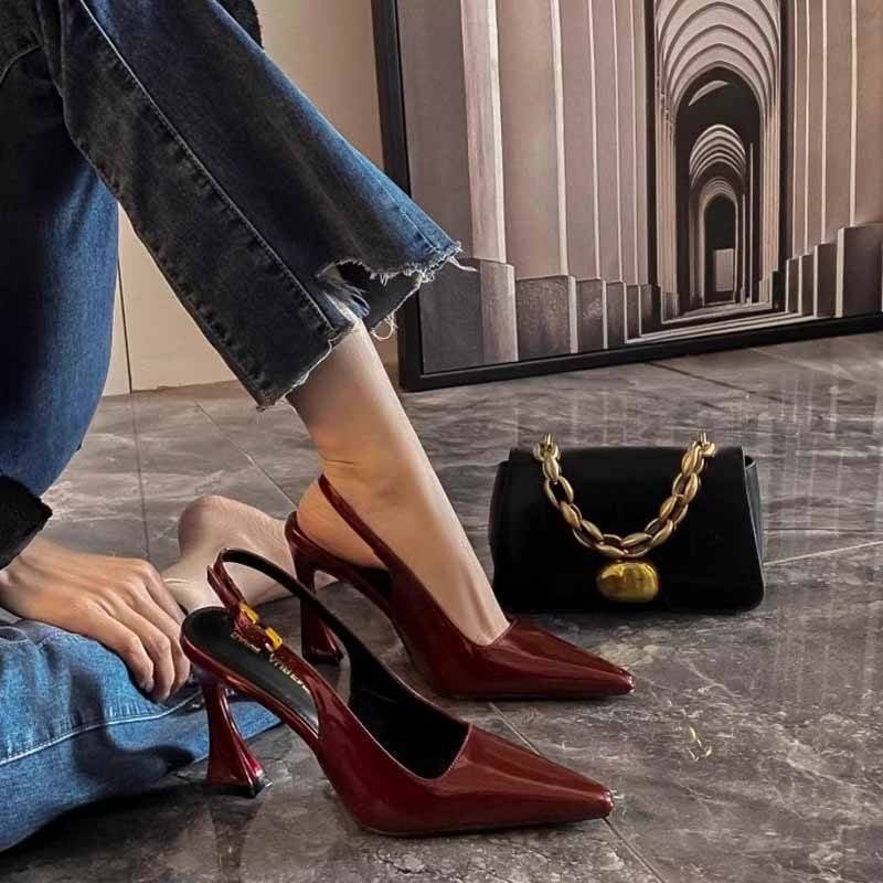 French-Style Elegant High-Heeled Shoes with Pointed Toes and Thin Heels, Open-Back Single Shoes, Perfect for Pairing with Skirts, Half-Covered Toe Sandals for Women, New Burgundy 7cm [upgraded version]