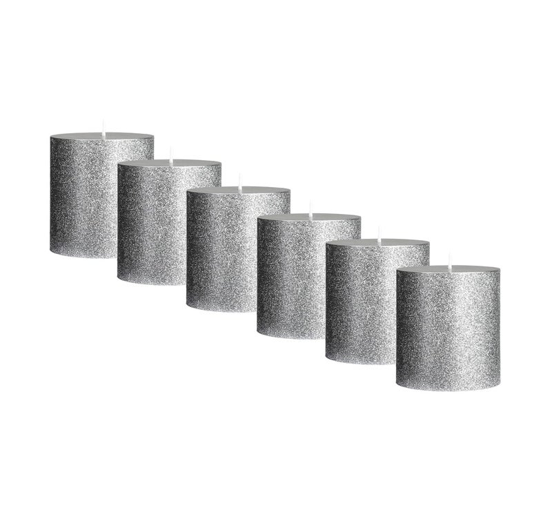 atorakushon® Smokeless Scented Paraffin Wax Silver Glitter Round Pillar Candles Decoration for Party,Birthday Party,Dinner Table, Living Room Pack of 6 - Image 5