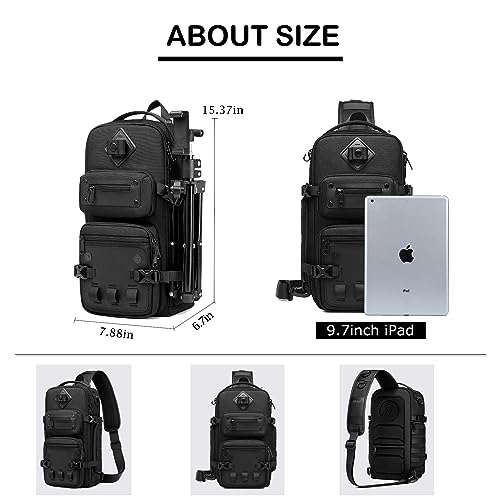 OZUKO Multipurpose Sling Bag for Men, Large Capacity Crossbody Shoulder Bag Waterproof Sling Chest Backpack with Tripod Holder Fit for Outdoor Travel Photography (Black) - Image 2