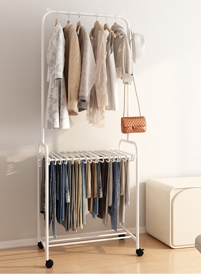 سولاكان حامل الملابس مع شماعات البنطالون، رف ملابس معدني على عجلات، رف ملابس مستقل مع شماعات بنطالون، رف معلق للمعاطف مع منظم للبنطالون (أبيض، 70 × 39 × 175 سم) - Image 1