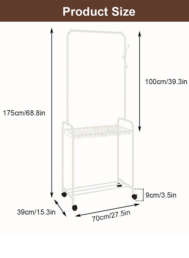 سولاكان حامل الملابس مع شماعات البنطالون، رف ملابس معدني على عجلات، رف ملابس مستقل مع شماعات بنطالون، رف معلق للمعاطف مع منظم للبنطالون (أبيض، 70 × 39 × 175 سم) - Image 2
