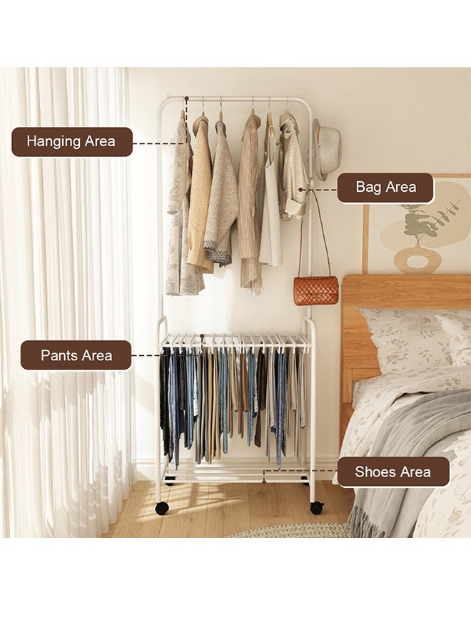 سولاكان حامل الملابس مع شماعات البنطالون، رف ملابس معدني على عجلات، رف ملابس مستقل مع شماعات بنطالون، رف معلق للمعاطف مع منظم للبنطالون (أبيض، 70 × 39 × 175 سم) - Image 3