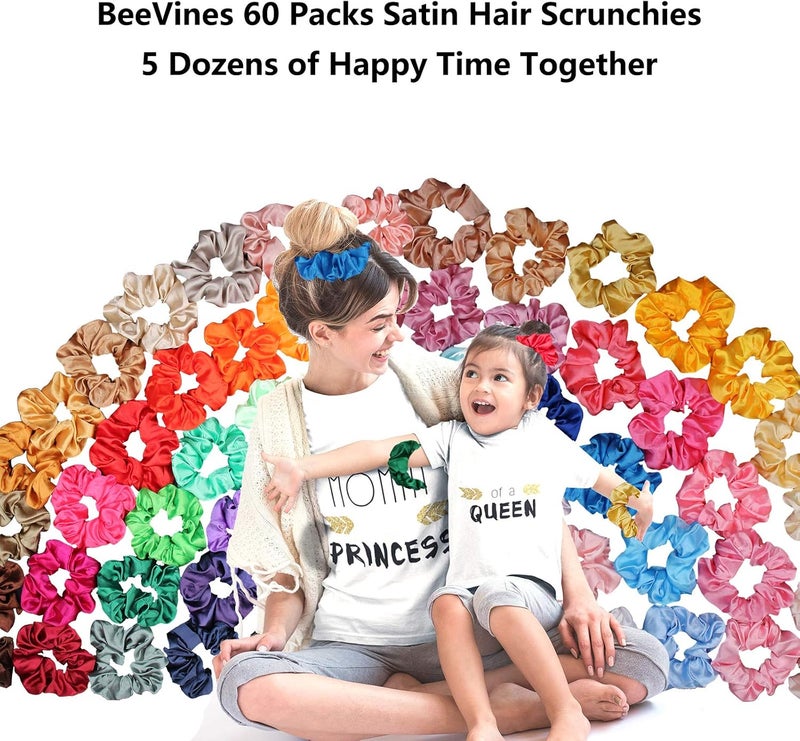 BeeVines 60 Pack Hair Scrunchies, Silk Hair Ties, Silky Curly Hair Elastics for Kids & Women, Elastic Hair Accessories Silk Ties, Satin Silk Scrunchies Girl's Hair ties Pack Birthday Gift - Image 5