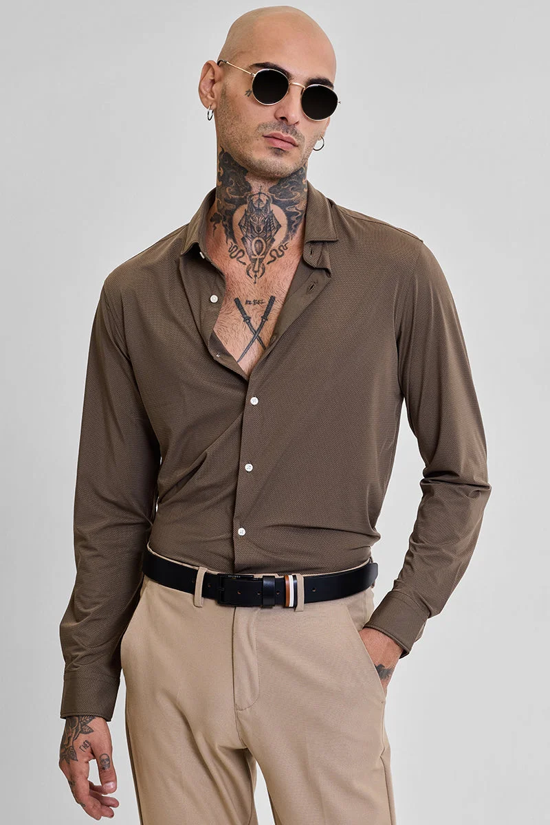 سنيتش Brown Polka Dots Long Sleeve Slim Fit Formal Shirt