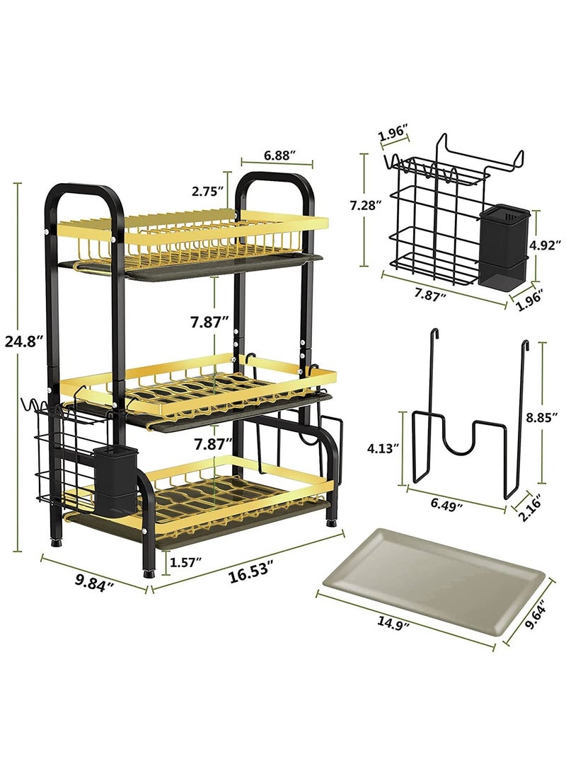 Arabest - Dish Drying Rack, 3 Tier Dish Rack Drainer Set, Dish Drainer With Drip Tray Knife Holder, Kitchen Strainer Cutting Board Holder Dish Drying Rack for Counter (3 Tier Black) - Image 1