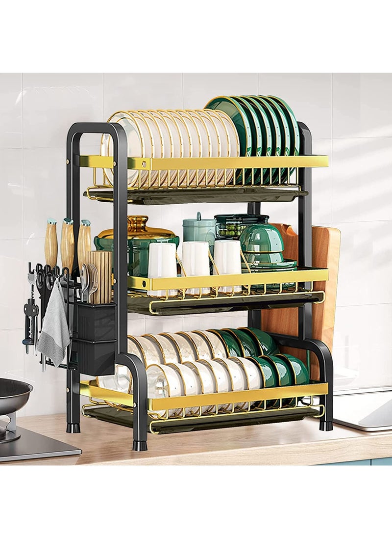 Arabest - Dish Drying Rack, 3 Tier Dish Rack Drainer Set, Dish Drainer With Drip Tray Knife Holder, Kitchen Strainer Cutting Board Holder Dish Drying Rack for Counter (3 Tier Black) - Image 1