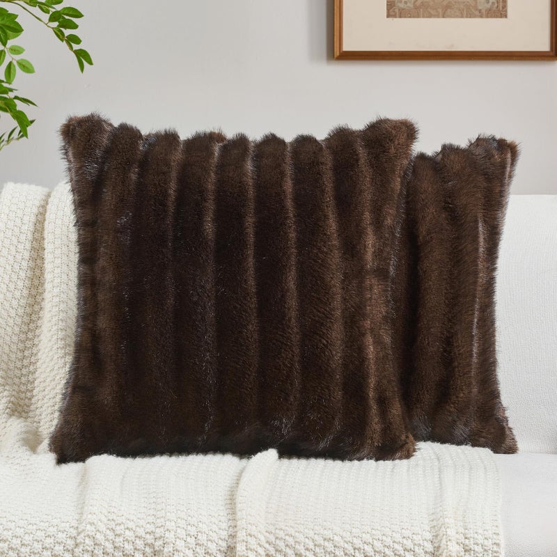 FUTEI Pack of 2 Faux Mink Fur Throw Pillow Covers 18x18 Inch Soft Fluffy Dyeing Striped Textured Farmhouse Decorative Cushion Case Modern Home Decor for Couch Bed Living Room Dark Coffee - Image 2