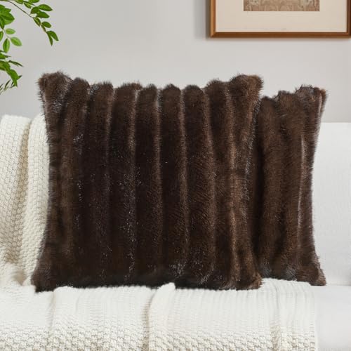 FUTEI Pack of 2 Faux Mink Fur Throw Pillow Covers 18x18 Inch Soft Fluffy Dyeing Striped Textured Farmhouse Decorative Cushion Case Modern Home Decor for Couch Bed Living Room Dark Coffee - Image 1