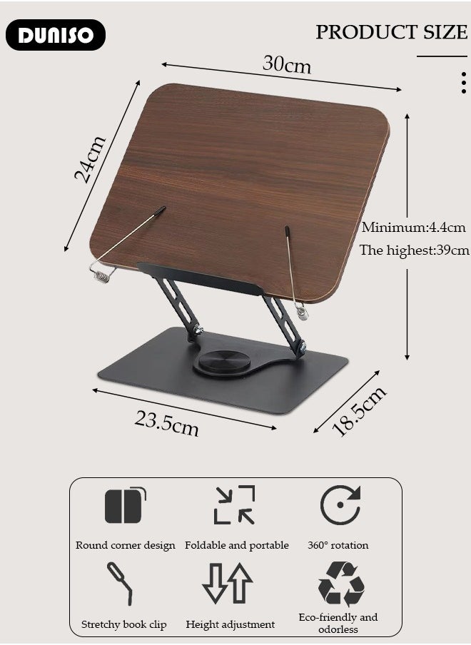 Book Stand Holder for Reading, Adjustable Holder Tray with 360° Rotating Base & Page Clips, Foldable Desktop Book Stand for Cookbook, Sheet Music, Laptop, Recipe, Textbook