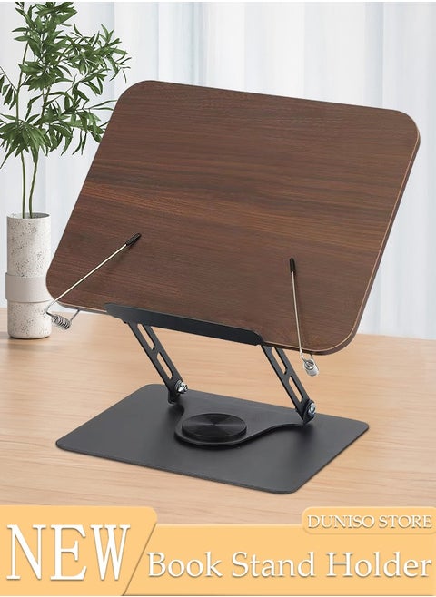 Book Stand Holder for Reading, Adjustable Holder Tray with 360° Rotating Base & Page Clips, Foldable Desktop Book Stand for Cookbook, Sheet Music, Laptop, Recipe, Textbook