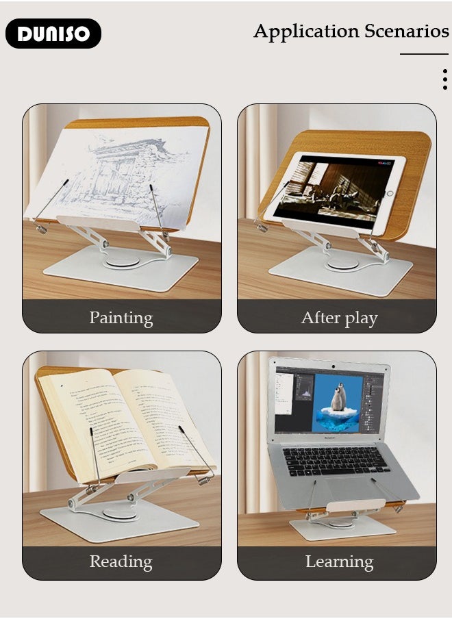 Book Stand Holder for Reading, Adjustable Holder Tray with 360° Rotating Base & Page Clips, Foldable Desktop Book Stand for Cookbook, Sheet Music, Laptop, Recipe, Textbook