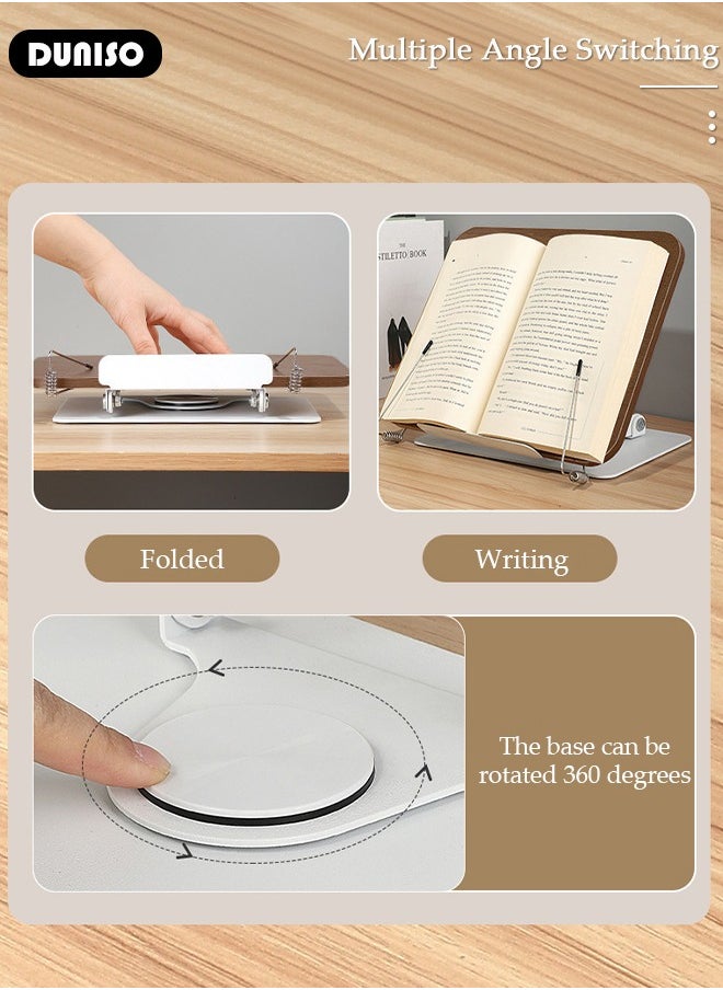 Book Stand Holder for Reading, Adjustable Holder Tray with 360° Rotating Base & Page Clips, Foldable Desktop Book Stand for Cookbook, Sheet Music, Laptop, Recipe, Textbook