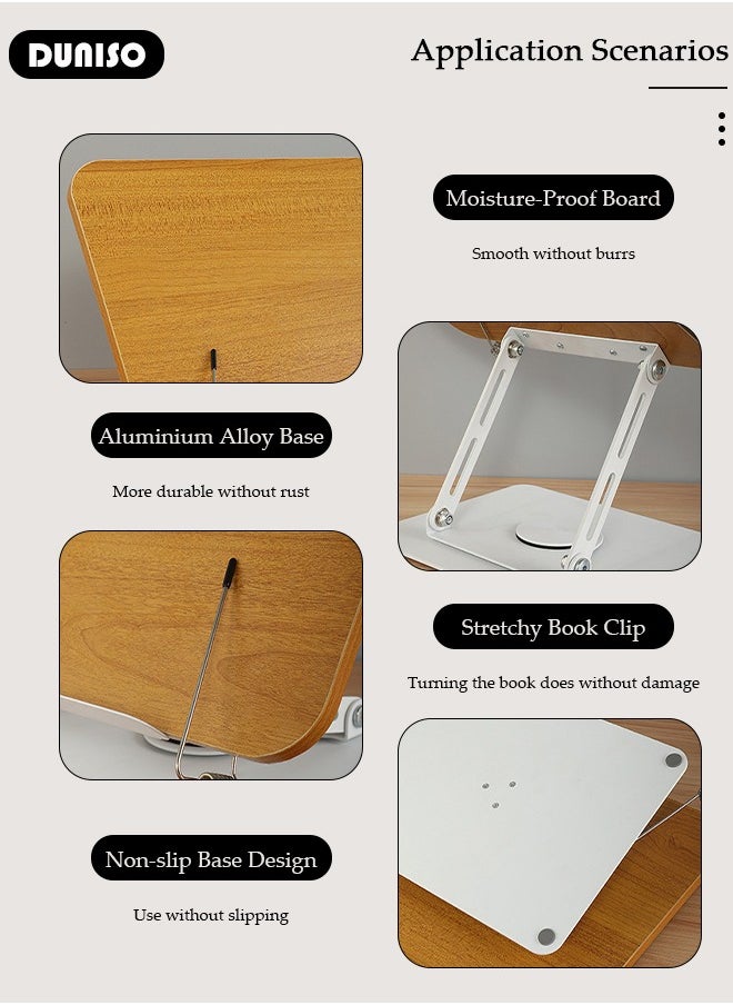 Book Stand Holder for Reading, Adjustable Holder Tray with 360° Rotating Base & Page Clips, Foldable Desktop Book Stand for Cookbook, Sheet Music, Laptop, Recipe, Textbook