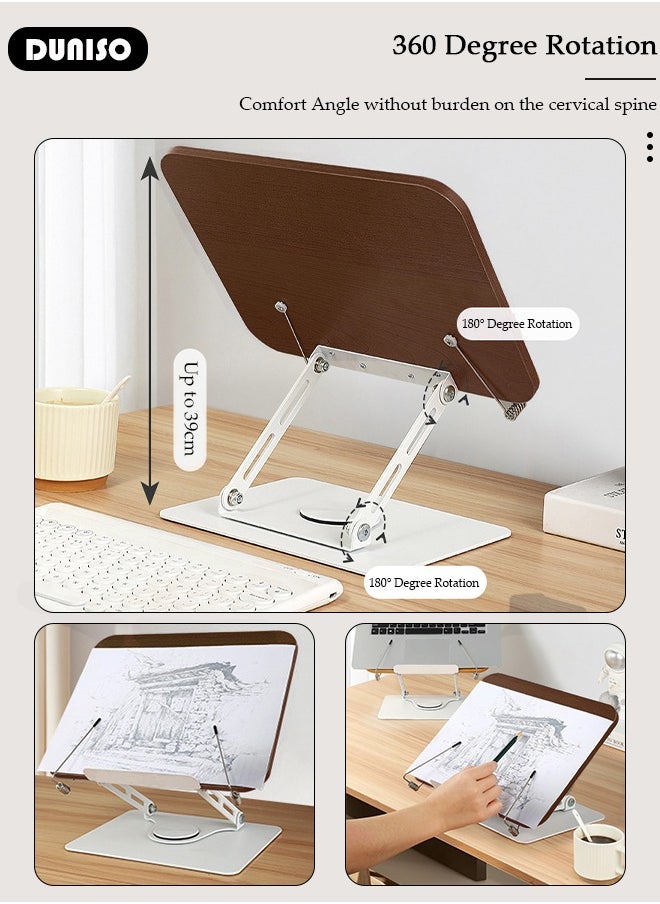 Book Stand Holder for Reading, Adjustable Holder Tray with 360° Rotating Base & Page Clips, Foldable Desktop Book Stand for Cookbook, Sheet Music, Laptop, Recipe, Textbook