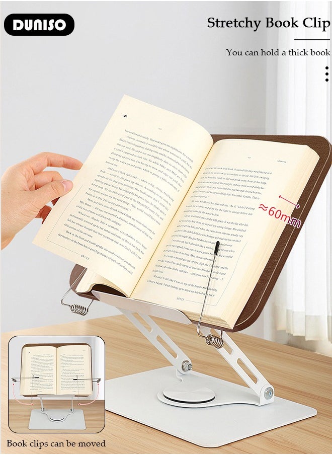 Book Stand Holder for Reading, Adjustable Holder Tray with 360° Rotating Base & Page Clips, Foldable Desktop Book Stand for Cookbook, Sheet Music, Laptop, Recipe, Textbook