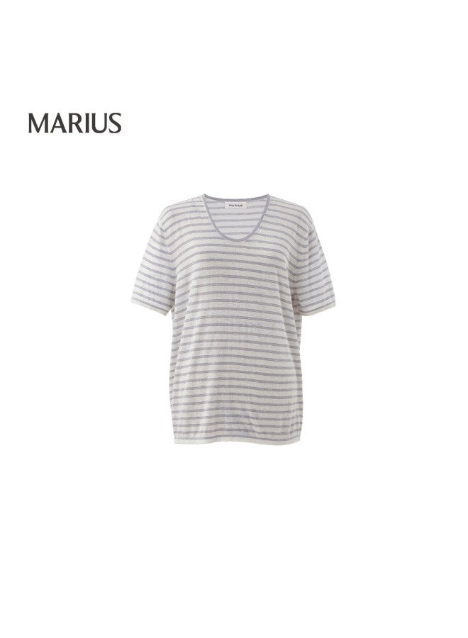 Marius Minimalist Commuter Boutique | Italian Brand Emiroglio Imported Linen Striped Knit Sweater - Image 4