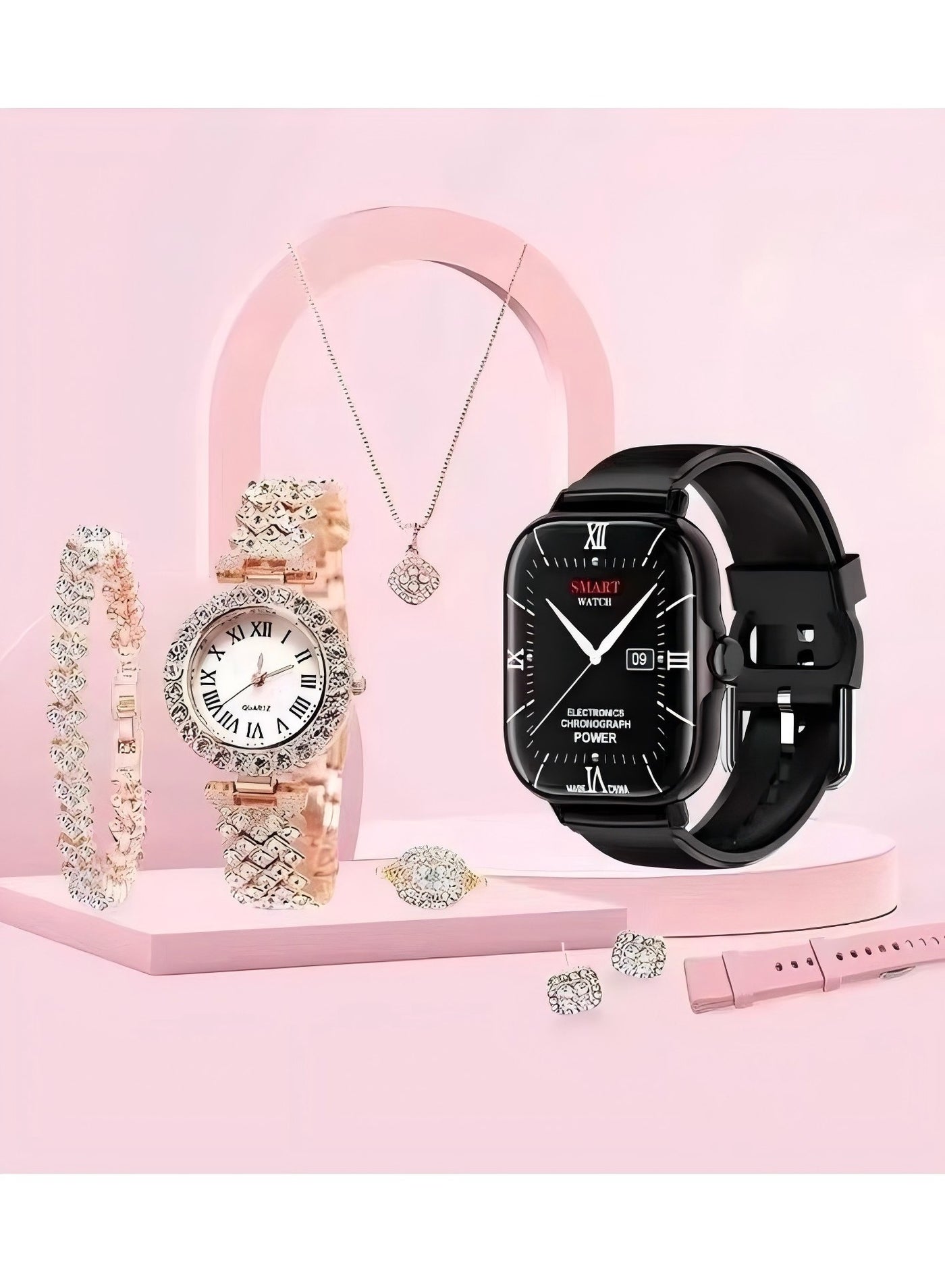 PRO 7 in 1 Ultra Watch Series 9 Smart Watch for Women and Golden Mechanical Watch with Silicon Band and 1 Golden Bracelet and 1 Pendant and 1 pair of Stud Earrings and ring