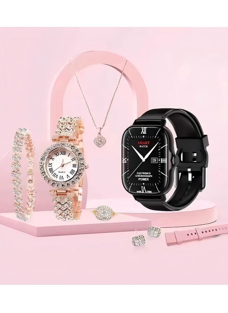 PRO 7 in 1 Ultra Watch Series 9 Smart Watch for Women and Golden Mechanical Watch with Silicon Band and 1 Golden Bracelet and 1 Pendant and 1 pair of Stud Earrings and ring  - Image 1