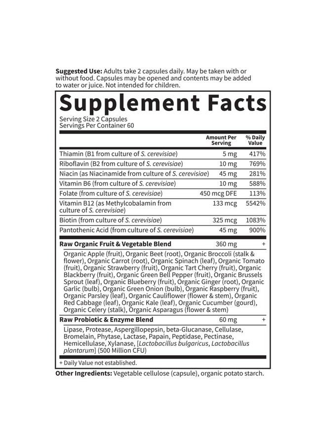 Raw B Complex Vitamin Code 120 Vegan Capsules High Potency Vitamins For Energy & Metabolism With B2 Riboflavin B1 B3 B6 Folate B12 As Methylcobalamin & Biotin Plus Probiotics
