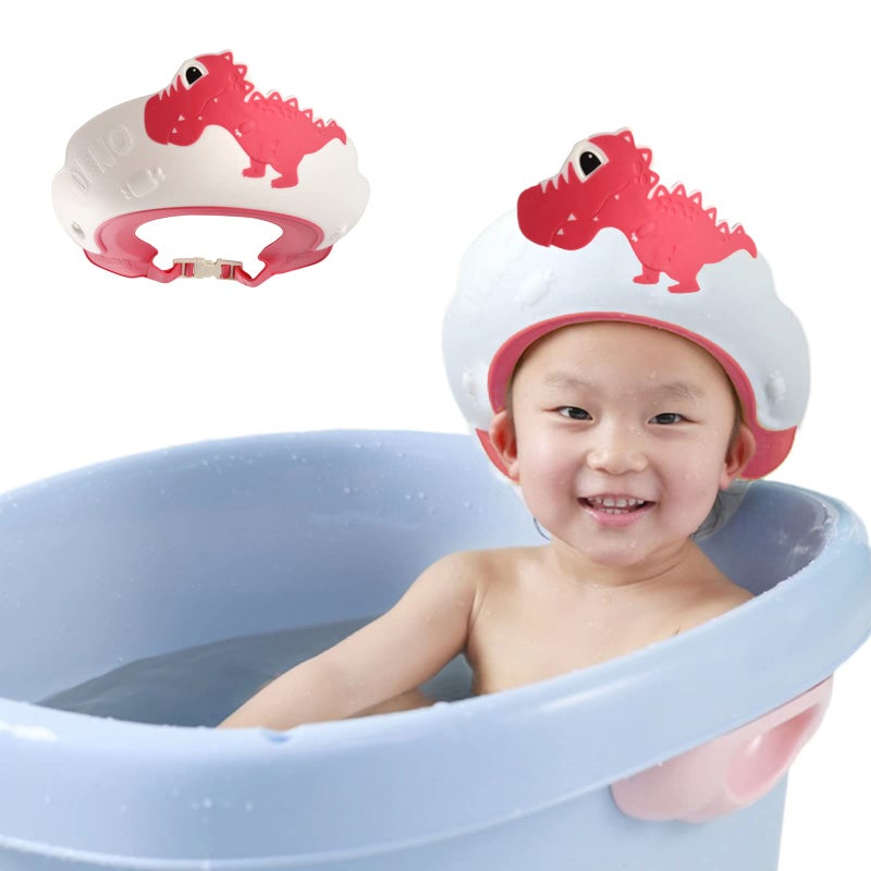 Thcbme Baby Shower Cap Shield, Shower Cap for Kids, Visor Hat for Eye and Ear Protection for 0-9 Years Old Children,Cute Dinosaur/Crocodile/Hippo shape Makes the Baby Bath More Fun (Dinosaur, Red) - Image 2