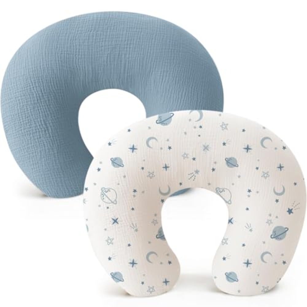 2-Pack Muslin Nursing Pillow Covers, Soft Adorable Nursing Covers for Breastfeeding Pillows, Slipcovers for Newborn Boys Girls, Washable Breathable Blue, Star