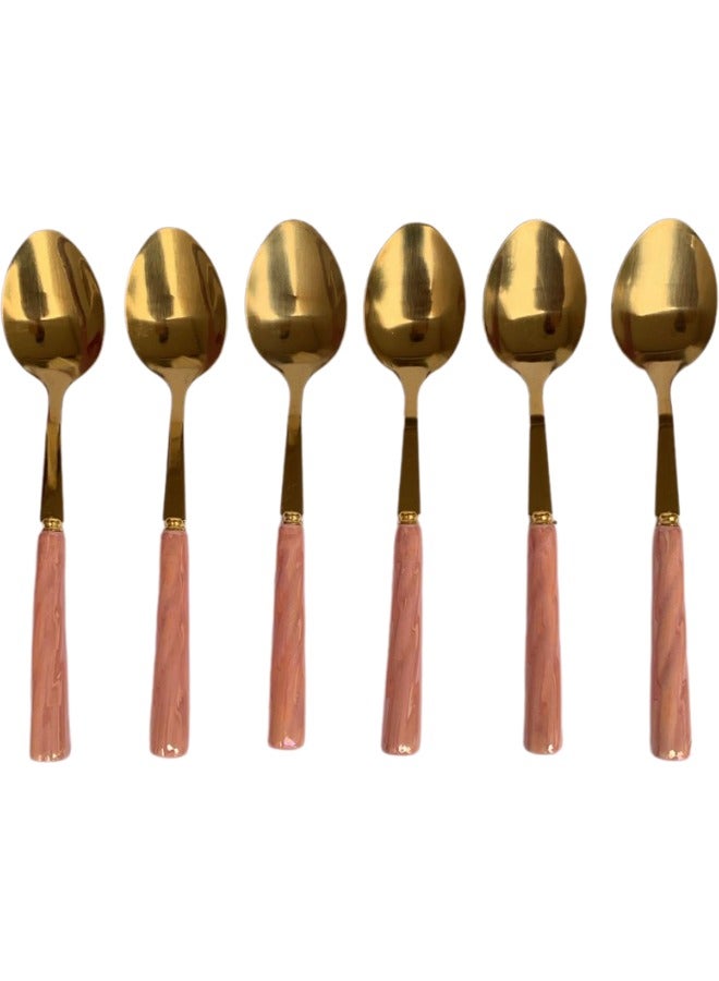 Stainless Steel Dinner Spoon Set - 6 Pieces (Pink) - Image 1