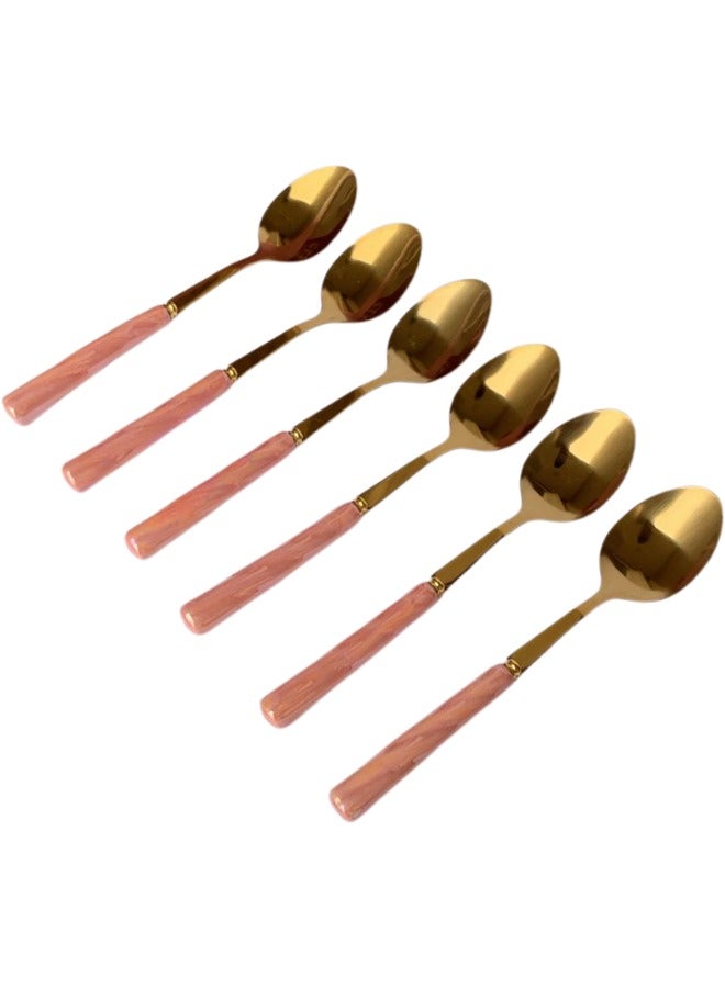 Stainless Steel Dinner Spoon Set - 6 Pieces (Pink) - Image 2