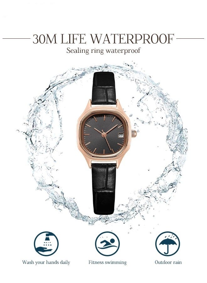 Women's Leather Strap Quartz Watch Analog Display Black Dial with Gold Bezel Waterproof Elegant Wristwatch as Gift for Ladies - Image 3