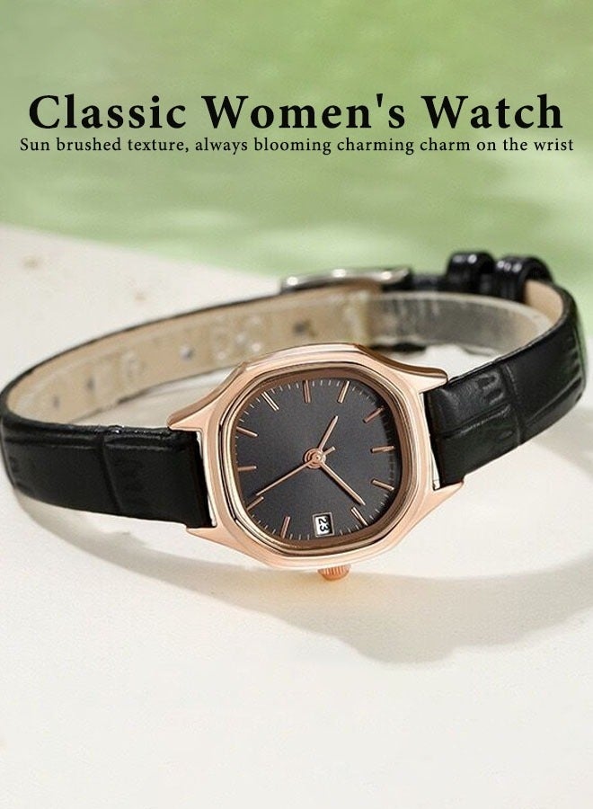 Women's Leather Strap Quartz Watch Analog Display Black Dial with Gold Bezel Waterproof Elegant Wristwatch as Gift for Ladies - Image 4