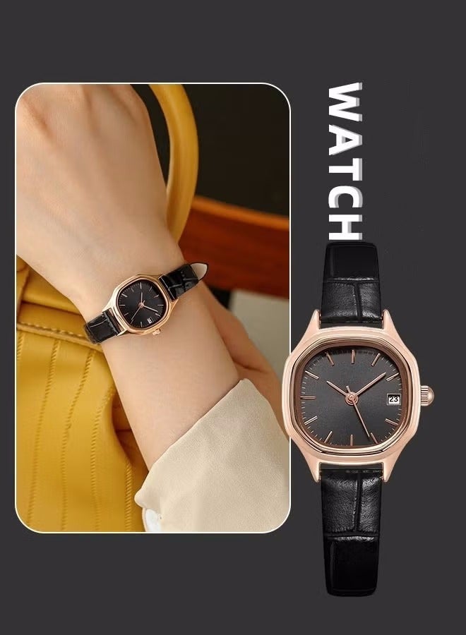Women's Leather Strap Quartz Watch Analog Display Black Dial with Gold Bezel Waterproof Elegant Wristwatch as Gift for Ladies - Image 1