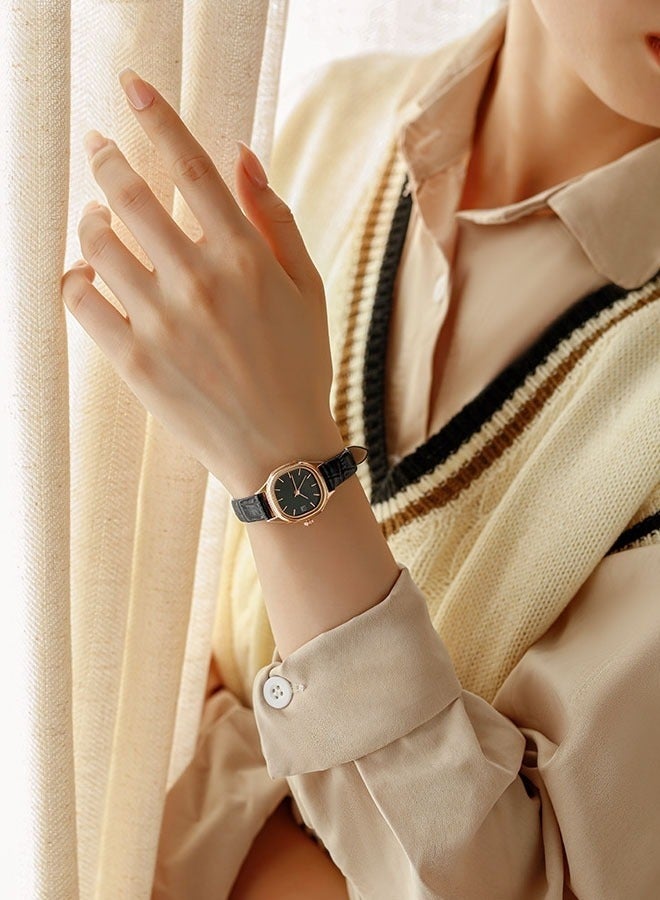 Women's Leather Strap Quartz Watch Analog Display Black Dial with Gold Bezel Waterproof Elegant Wristwatch as Gift for Ladies - Image 2