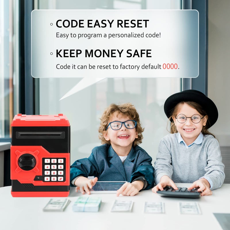 Vcertcpl ATM Piggy Bank for Boys Girls, Vcertcpl Mini ATM Coin Bank Money Saving Box with Password, Kids Safe Money Jar for Adults with Auto Grab Bill Slot, Great Gift Toy Bank for Kids (Red+Black) - Image 2