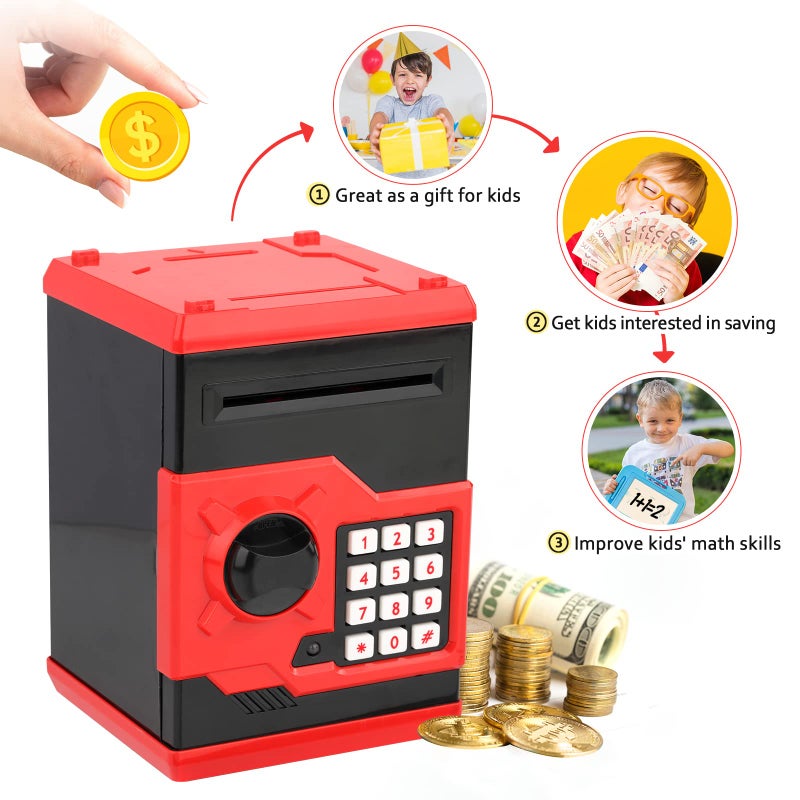 Vcertcpl ATM Piggy Bank for Boys Girls, Vcertcpl Mini ATM Coin Bank Money Saving Box with Password, Kids Safe Money Jar for Adults with Auto Grab Bill Slot, Great Gift Toy Bank for Kids (Red+Black) - Image 5