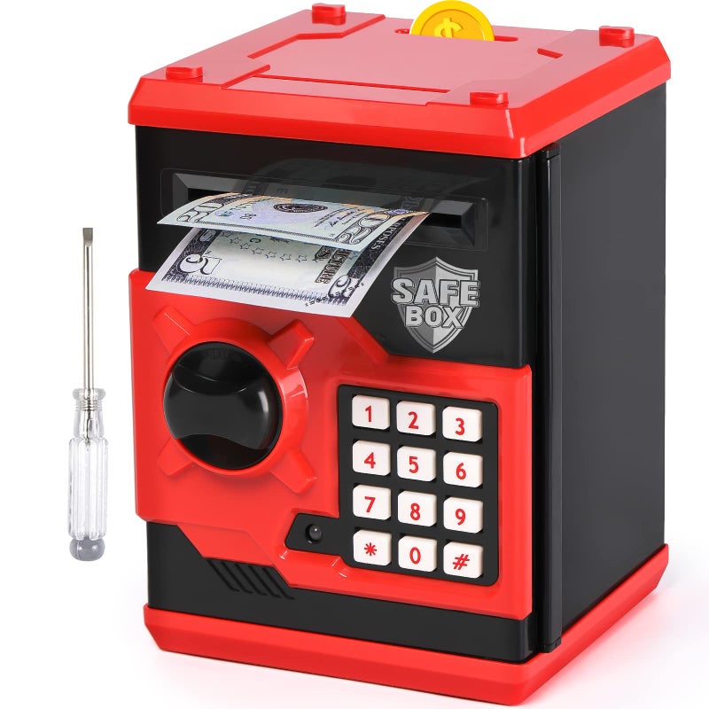 Vcertcpl ATM Piggy Bank for Boys Girls, Vcertcpl Mini ATM Coin Bank Money Saving Box with Password, Kids Safe Money Jar for Adults with Auto Grab Bill Slot, Great Gift Toy Bank for Kids (Red+Black) - Image 1