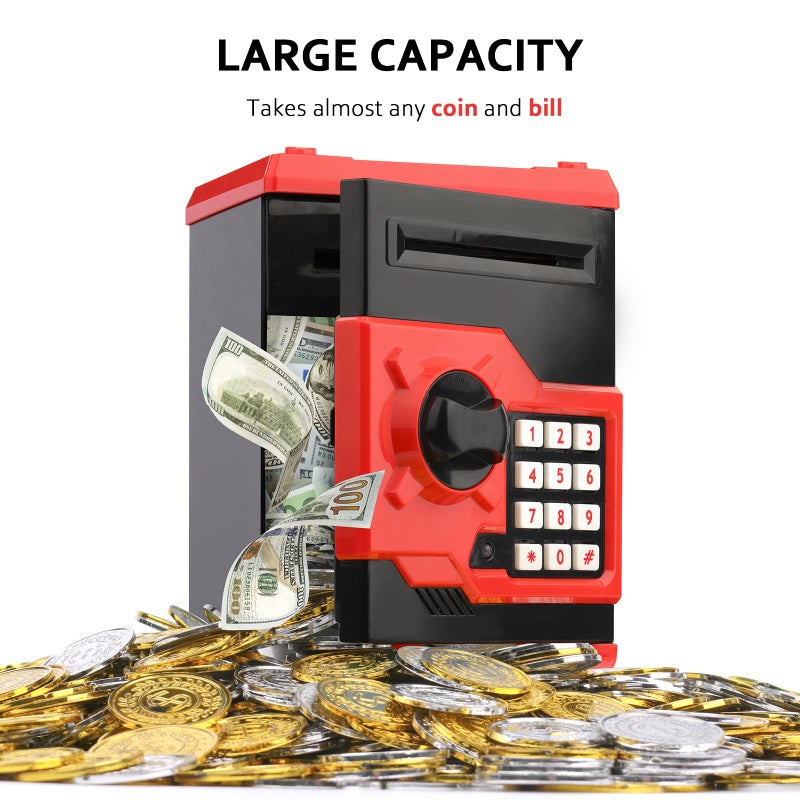 Vcertcpl ATM Piggy Bank for Boys Girls, Vcertcpl Mini ATM Coin Bank Money Saving Box with Password, Kids Safe Money Jar for Adults with Auto Grab Bill Slot, Great Gift Toy Bank for Kids (Red+Black) - Image 4