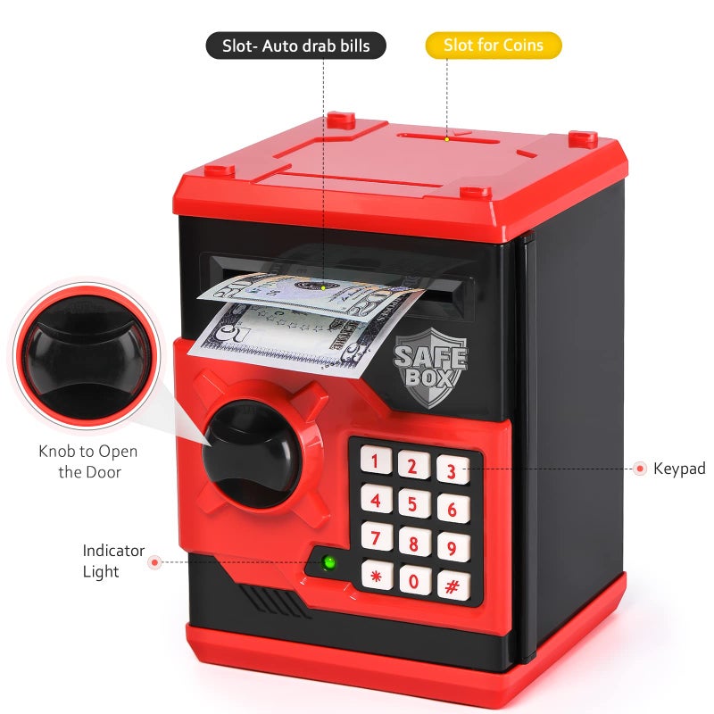 Vcertcpl ATM Piggy Bank for Boys Girls, Vcertcpl Mini ATM Coin Bank Money Saving Box with Password, Kids Safe Money Jar for Adults with Auto Grab Bill Slot, Great Gift Toy Bank for Kids (Red+Black) - Image 3