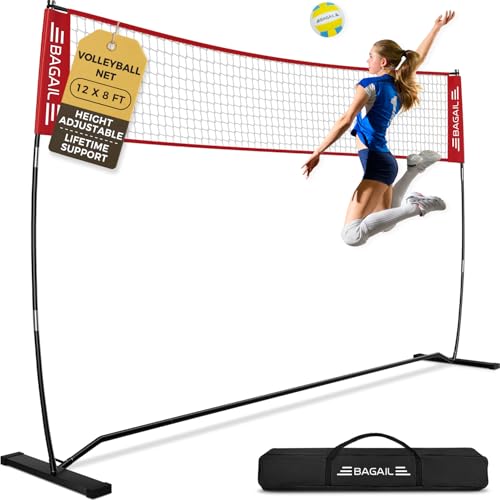 BAGAIL Volleyball Net 12ft Portable Volleyball Net for Backyard Adjustable Height HeavyDuty Frame Freestanding Design Portable OutdoorIndoor Volleyball Set with Carry Bag Red - Image 1