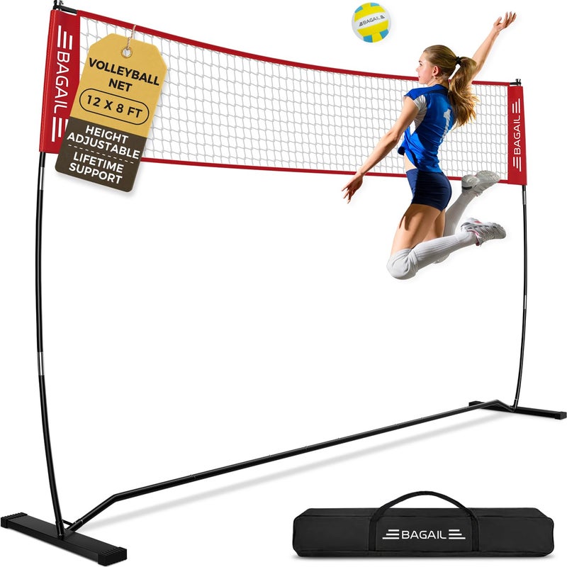 BAGAIL Volleyball Net 12ft Portable Volleyball Net for Backyard Adjustable Height HeavyDuty Frame Freestanding Design Portable OutdoorIndoor Volleyball Set with Carry Bag Red - Image 2