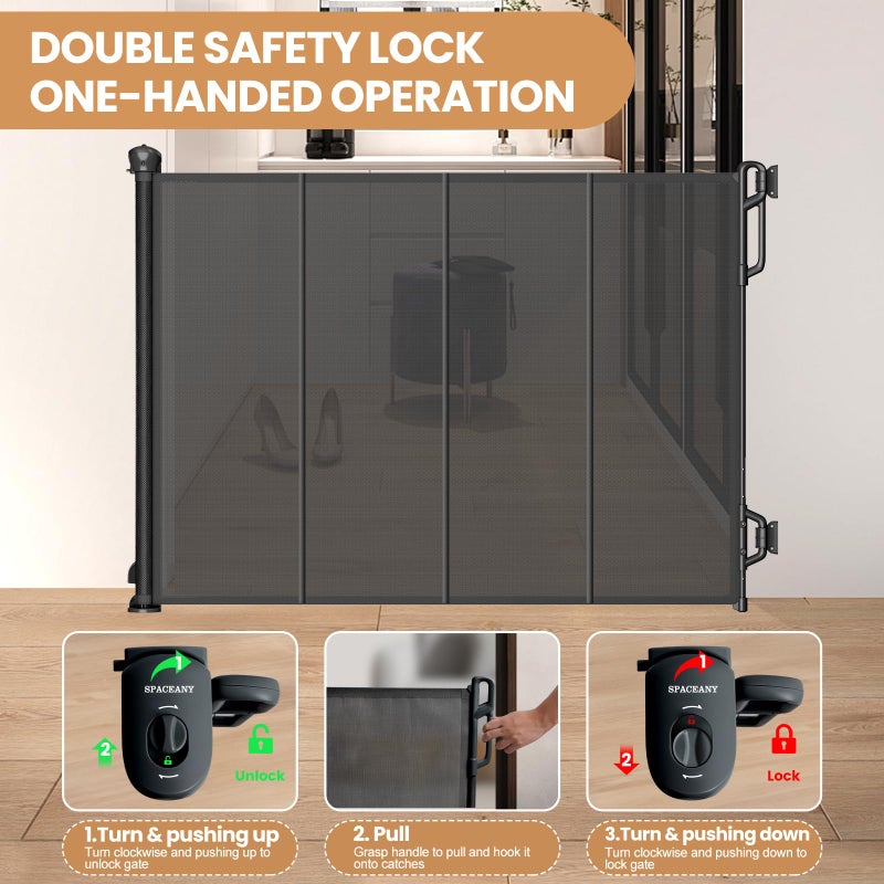 SPACEANY Reinforced Retractable Baby Gate or Mesh Dog Gate,Easy to Use for Stairs, Doorways, Hallways, Indoor, Outdoor, Wide Pet Gate 33.5" Tall, Extends to 55" Wide,Black - Image 5